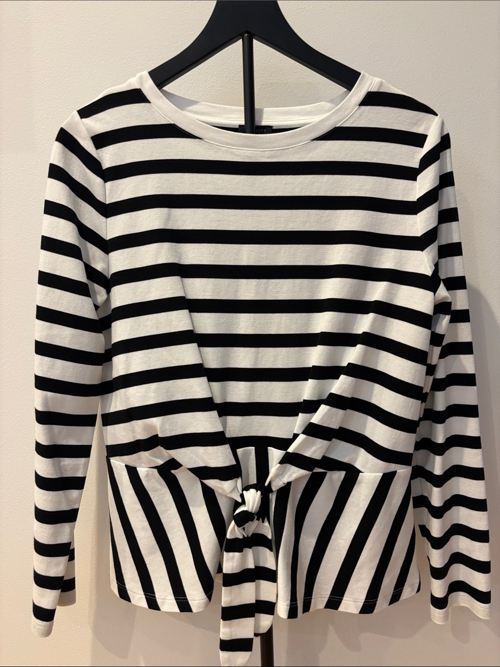 Talbots Black & White Striped Long-Sleeve Top with Tie in Front
